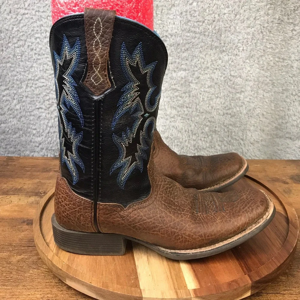 Ariat Tombstone Western Boots Kids 3 Brown Black Blue Stitched Square Toe Cowboy